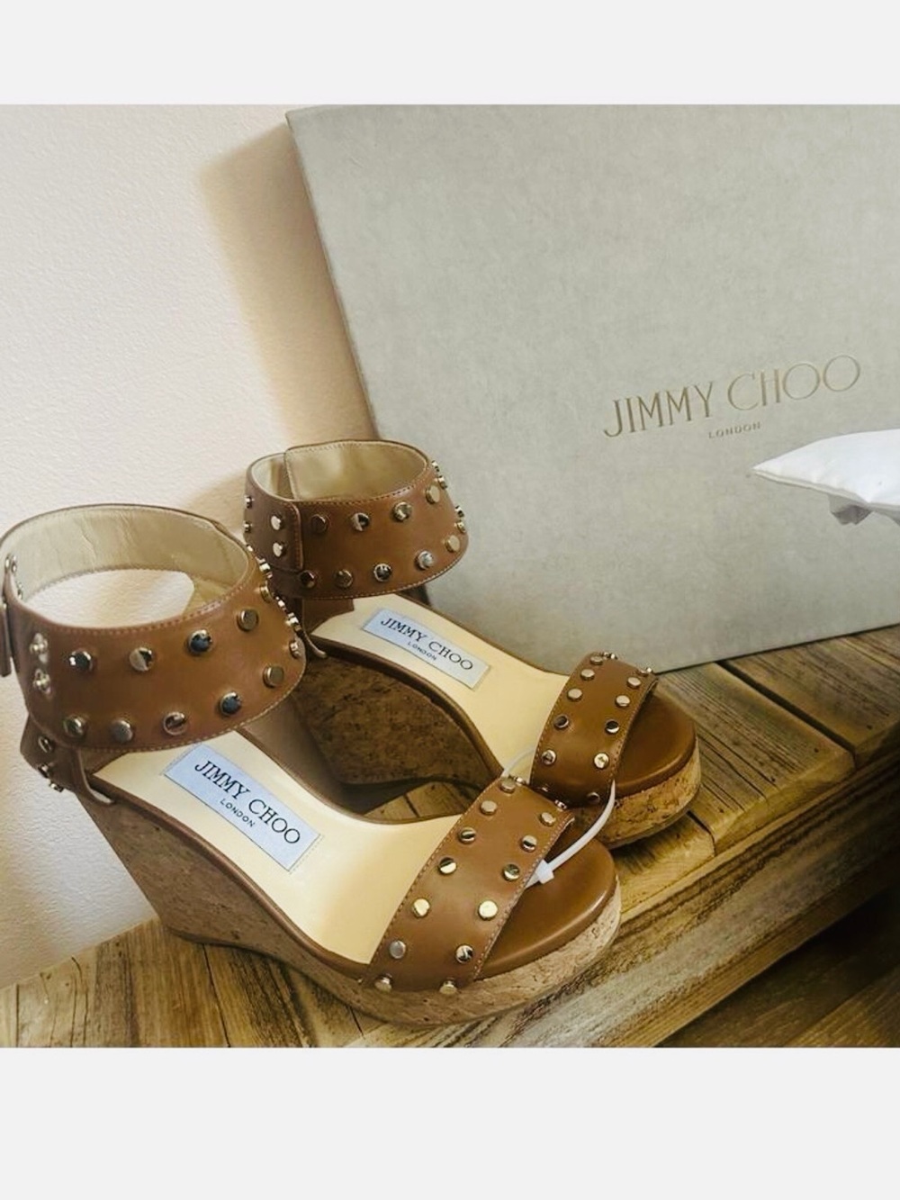 Jimmy Choo Nelly Studded Cork Wedge Sandal Brown MSRP: $695.00 Size 35 Authentic